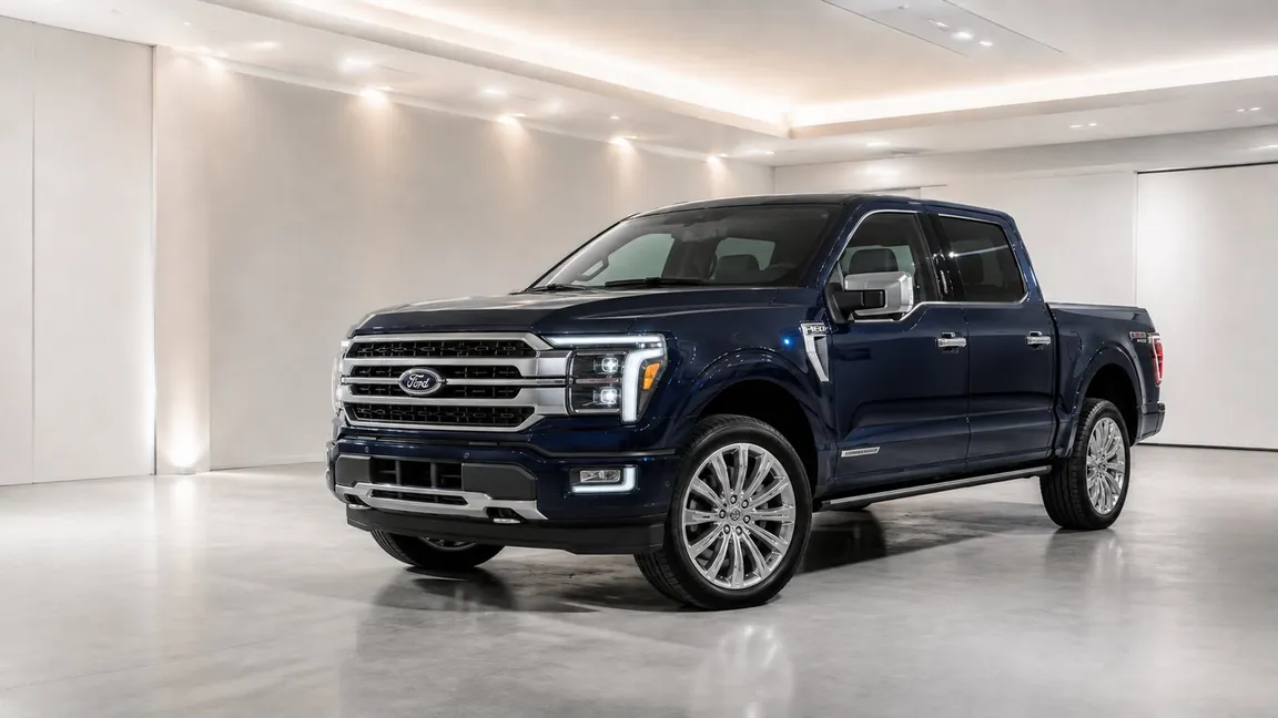 A dark blue Ford F-150 with a flawless, glossy protected finish in a bright studio